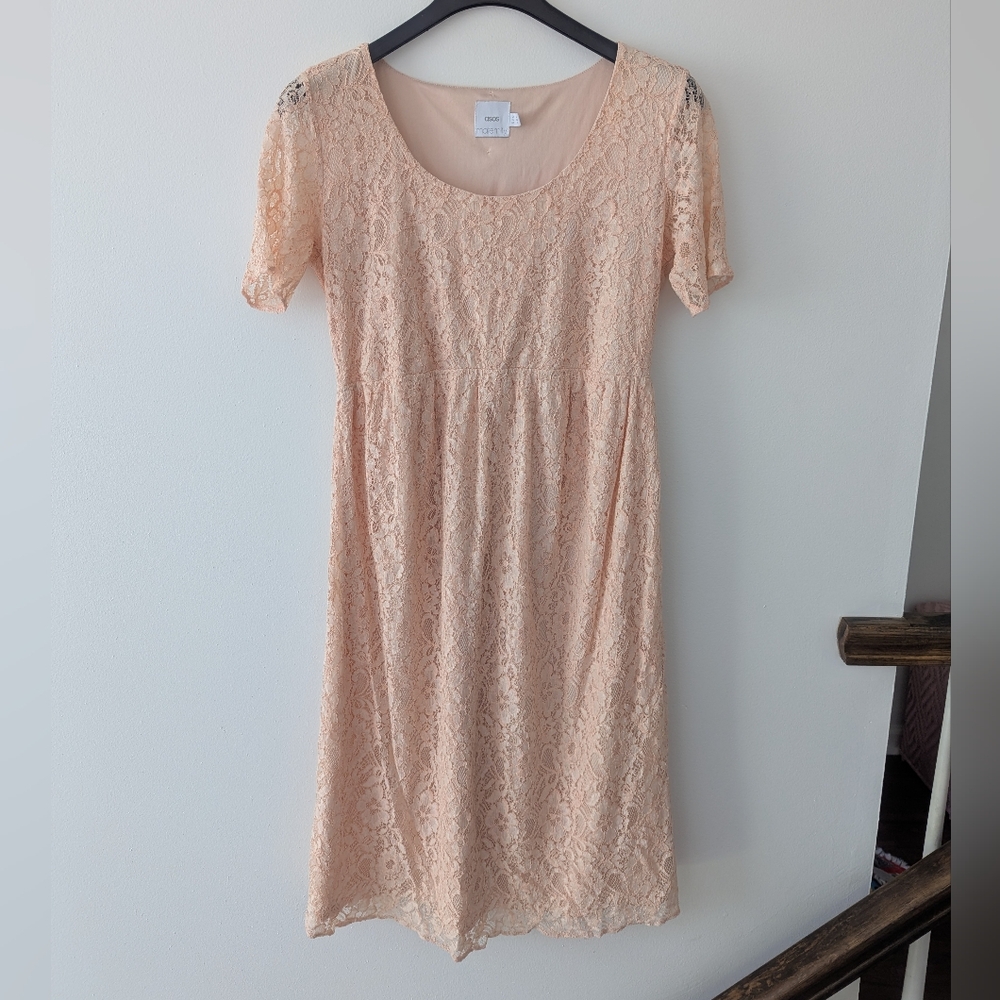 ASOS Maternity Dress Peach Lace Midi Dress Size 12 Elegant Wedding Floral